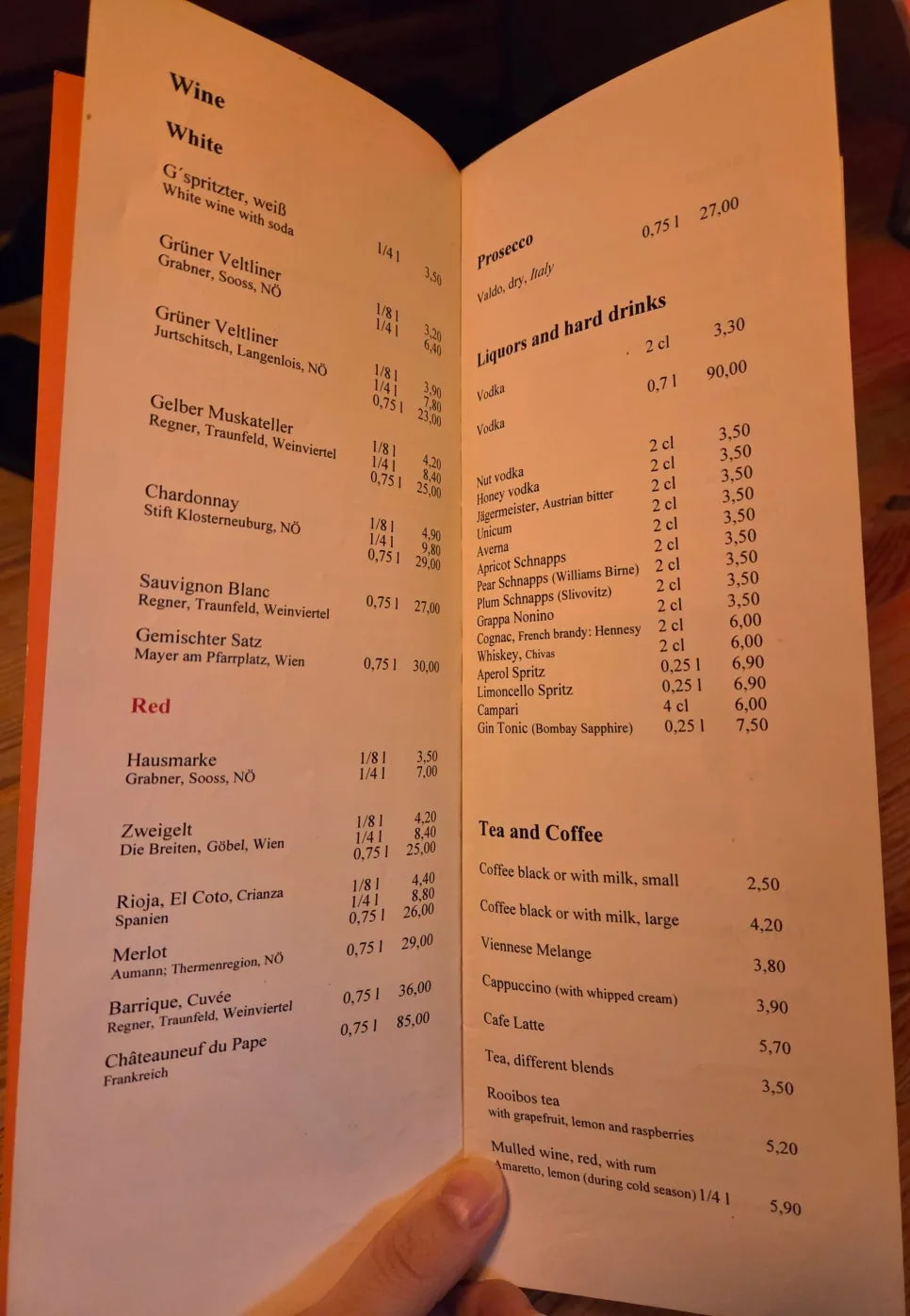 Ribs of Vienna 飲料與酒類菜單