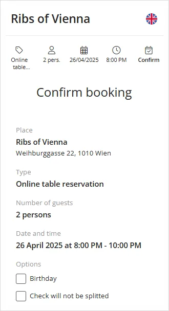 Ribs of Vienna 線上訂位頁面