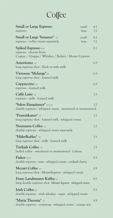 Café Mozart 飲品選擇